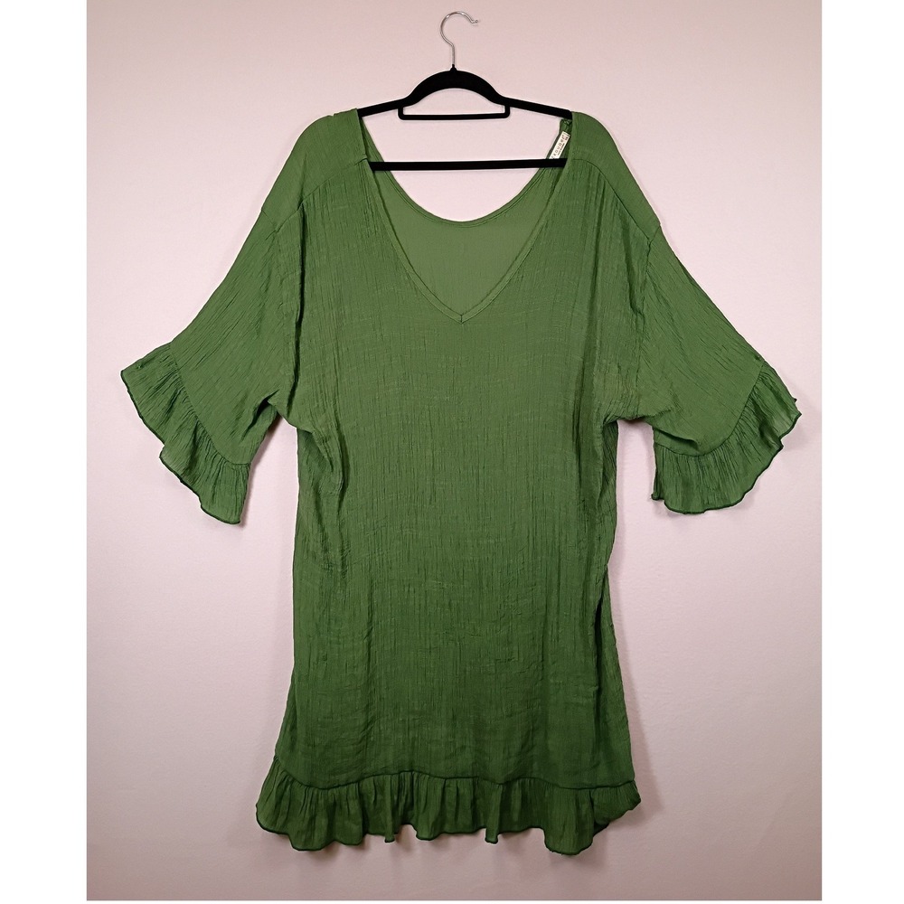 Boho Coastal Ekouaer Womens XXL Green Ruffle Sleeve V-Neck Swim Cover Up Tunic